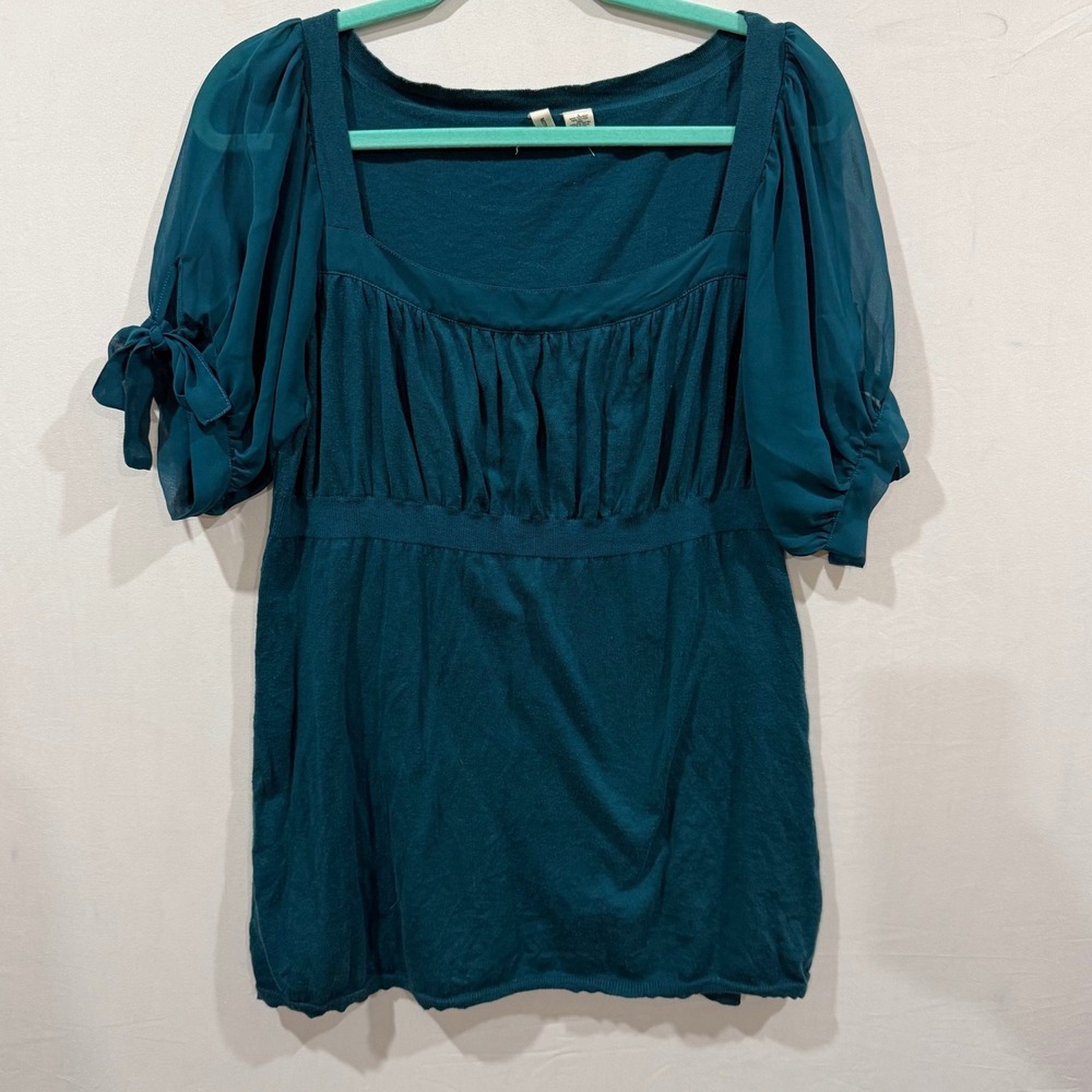 Moth Anthropologie Teal Cotton Knit Top Sheer Puff Sleeve Square Neck Large